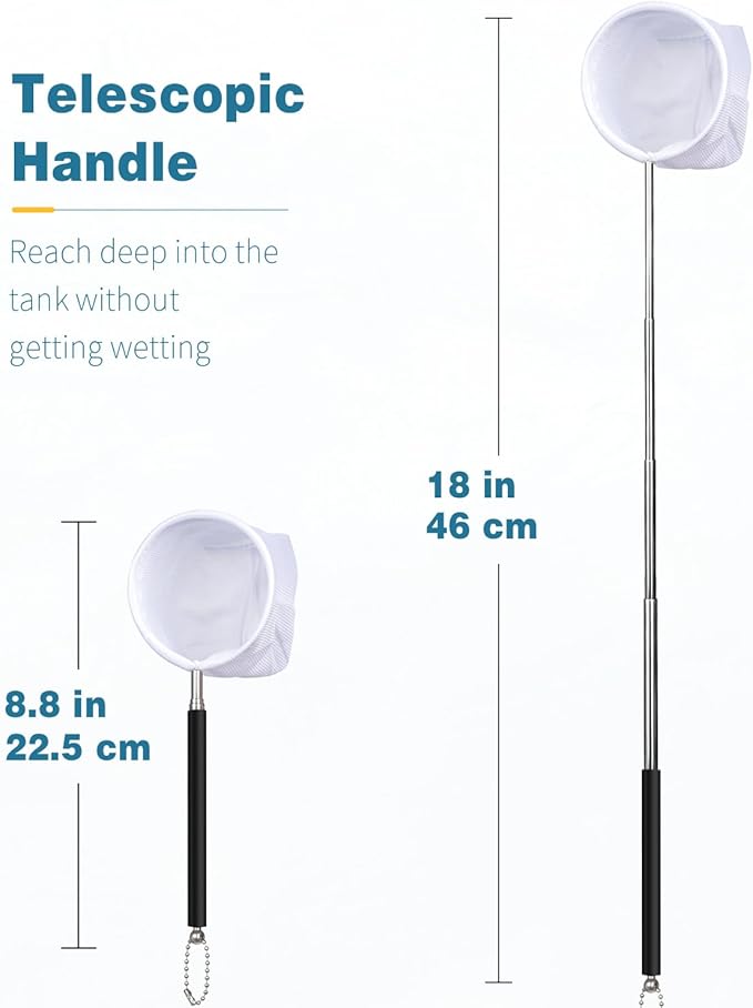 Pawfly Aquarium Shrimp Net - 3 Inch Tiny Fish Tank Net With Extendable Stainless Steel Handle, Soft Round Fine Mesh for Baby Fish, Food Residue, and Debris Skimming in Tanks & Small Ponds