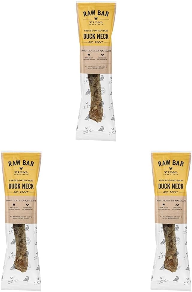 Vital Essentials Freeze-Dried Raw Duck Neck Dog Treat & Natural Chew, 3-Pack | Single Ingredient Dog Treat for Light Chewers | Made in USA