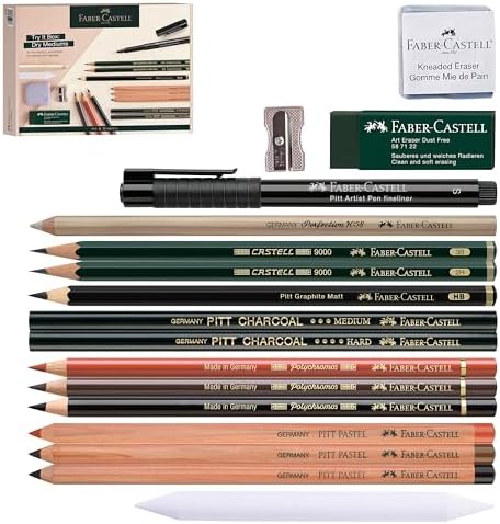 Faber-Castell Try It Box: Dry Mediums - 17 Piece Sketching Drawing Art Set with featuring Colored Pencils, Graphite Pencils, Charcoal Pencils, Pitt Artist Pen and Art Tools