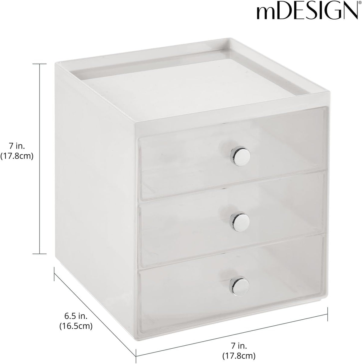 mDesign Plastic 3 Drawer Organizer for Makeup Storage - Large Stackable Makeup Organization and Storage Cube with Drawers for Bathroom, Vanity, Desk - Makeup Storage Drawers - Light Gray/Clear