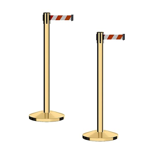CCW Series RBB-100 - Set of 2 Stanchion Retractable Belt Barriers (11 Foot Belt, Red and White Diagonal Belt with Polished Brass Post)