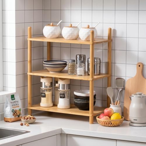 3‑Tier Bamboo Coffee Bar Organizer, Countertop Display Stand Shelf,Natural