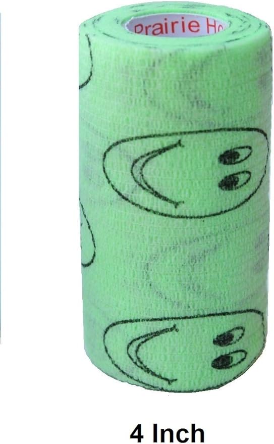 Vet Wrap Wrap Tape (Green with Smiles Pattern) (2 Pack) (3 Inch x 15 feet) Self Adhesive Adherent Adhering Cohesive Flex Self Stick Bandage Grip Roll Dog Cat Pet Horse