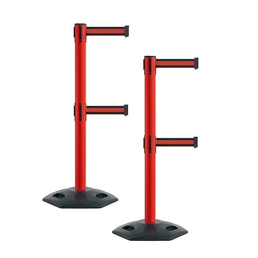 Montour Line MSR630D Set of 2 Retractable Belt Barrier Stanchion, Heavy-Duty Rubber Base, Red Post (9 ft Black with Horizontal Red Stripe Dual Belt)