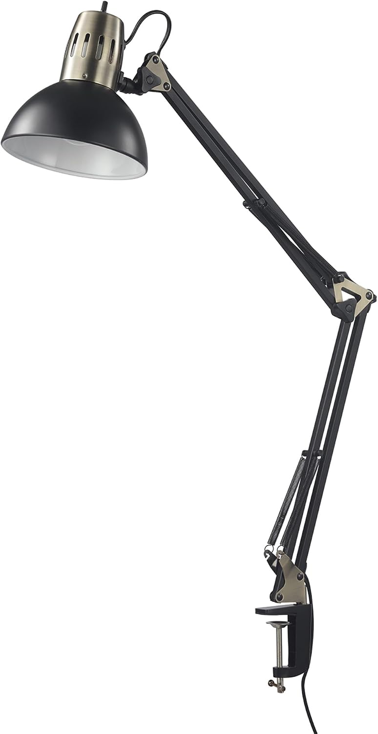 Globe Electric 62000009 32" Multi-Joint Desk Lamp with Metal Clamp, Matte Black, Antique Brass Accents, On/Off Rotary Switch on Shade, Partially Adjustable Swing Arm, Home Décor, Office Accessory