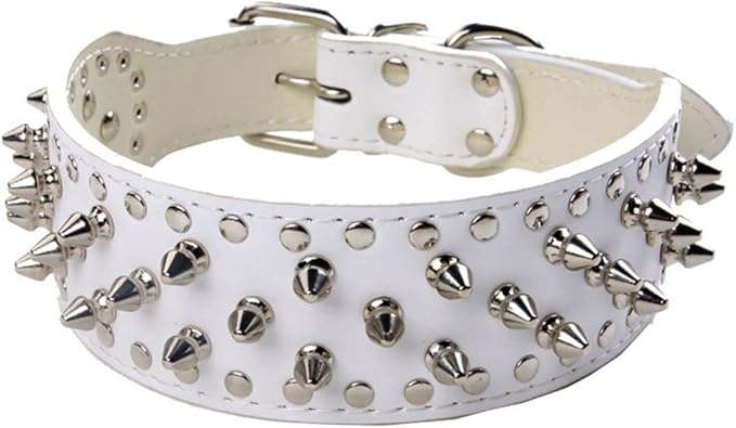 Serijoars Spiked Studded Dog Collar, PU Leather Dog Collar, Adjustable Pet Collars for Medium or Large Breed Pet (M, White)
