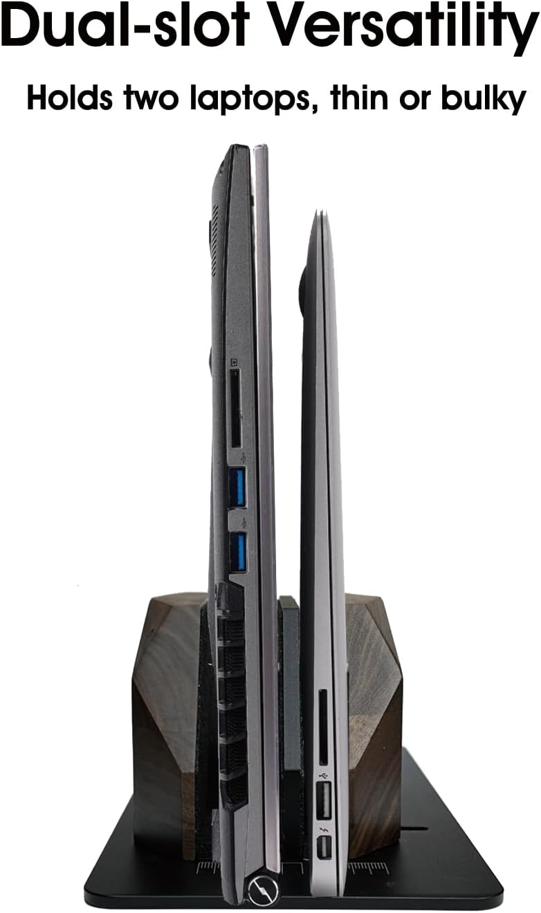 Walnut Vertical Laptop Stand, Dual Slot Wood Laptop Holder for Desk