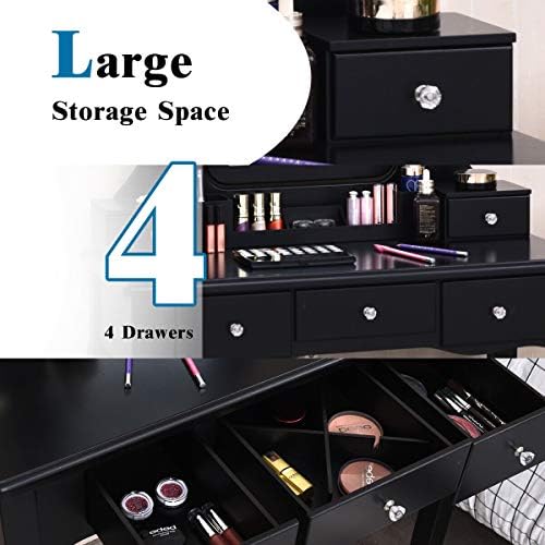 DORTALA Vanity Table Set w/Lighted Mirror, Morden Vanity Dressing Table w/ 10 Dimmable Light Bulbs & 5 Drawer, 2 Dividers Removable Organizer, Bedroom Makeup Table Set w/Cushioned Stool, Black