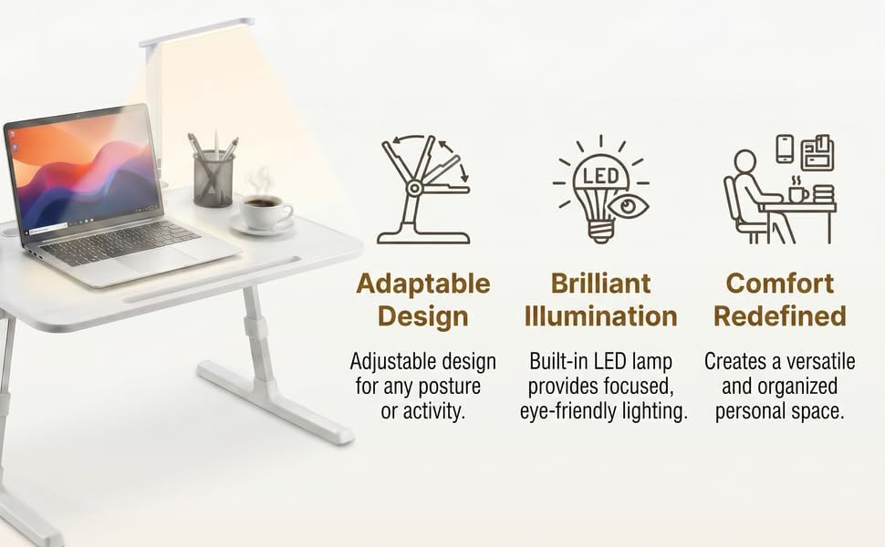 LED Adjustable Lap Desk with Portable LED Lamp and USB-C Charging Ports with Cord