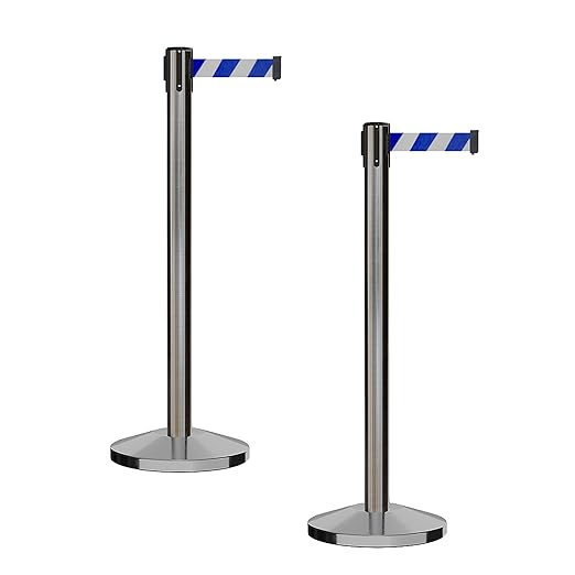 CCW Series RBB-100 - Set of 2 Stanchion Retractable Belt Barriers (7.5 Foot Belt, Blue and White Diagonal Belt with Satin Stainless Steel Post)