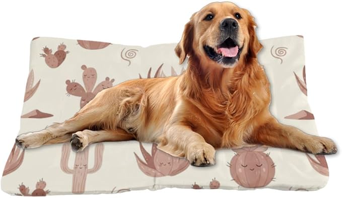 Beige Brown Cute Cactus Dogs Bed Dog Crate Mat Washable Bed Pad Crate for Dogs Washable Non-Slip Pet for Small Dog Beds Pet& Mat Tapete para Perros Indoor Outdoor 24X18 Inch