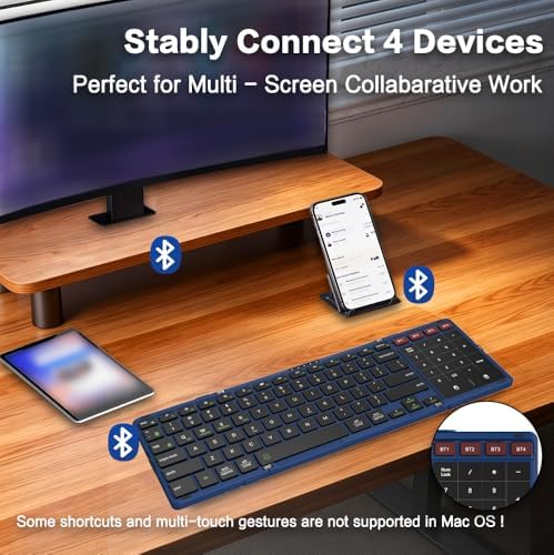 JOMAA Foldable Bluetooth Keyboard, 4-Channel Wireless, Multi-Device Rechargeable with Touchpad and Numeric pad Travel Portable Keyboard for Laptop, Tablet Phone, Windows, Mac, Android, iOS