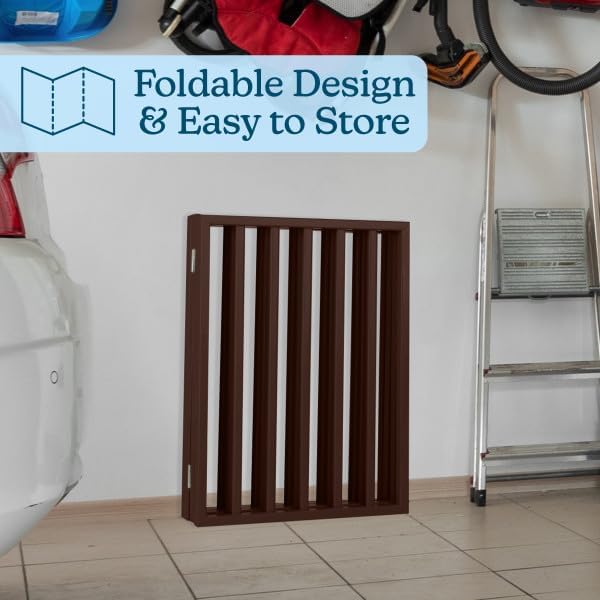 Pet Gate - 4-Panel Indoor Foldable Dog Fence for Stairs, Hallways or Doorways - 72x24-Inch Retractable Wood Freestanding Dog Gates by PETMAKER (Brown)