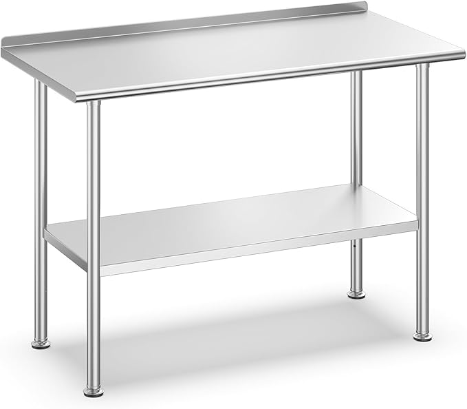 All-Stainless Steel Prep Table, 24 X 48 Inch, with Rounded-Corner Backsplash and Adjustable Undershelf, Heavy-Duty for Outdoor Use,Restaurants,Hotels,Workshops,Kitchens,Gardens, and Garages