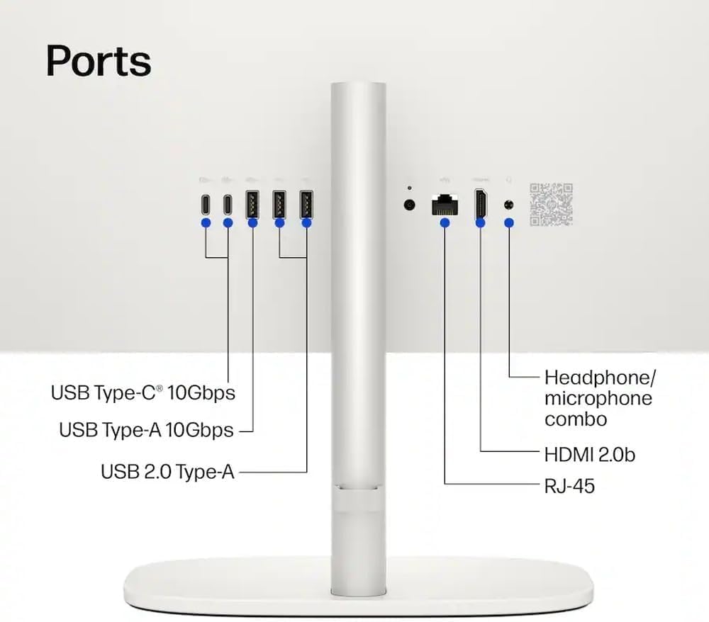 HP OmniStudio All‑in‑One Desktop, 24‑Inch Full HD Display, Intel N150 Quad‑Core CPU, 16GB DDR5 RAM, 128GB UFS Storage, WiFi 6, Bluetooth 5.4, Wired Keyboard & Mouse, Windows 11, Cashmere White