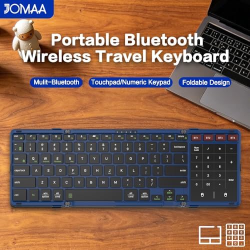 JOMAA Foldable Bluetooth Keyboard, 4-Channel Wireless, Multi-Device Rechargeable with Touchpad and Numeric pad Travel Portable Keyboard for Laptop, Tablet Phone, Windows, Mac, Android, iOS