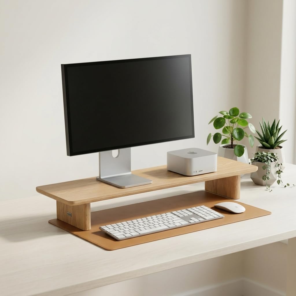 White Oak Single Monitor Stand Riser - 31.5" Wooden Monitor Stand for iMac, Laptop & Monitor, Minimalist Desk Shelf Organizer