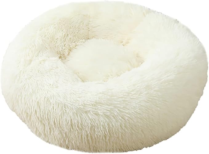 Calming Faux Fur Dog Beds Calming Donut Cuddler Dog Bed Washable Round Cat Bed Pillow Cuddler Fluffy Indoor Dog Calming Beds with Anti Slip Bottom Solid Color White 20 Inch