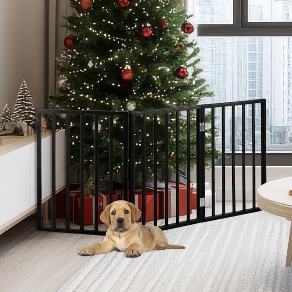 Pet Gate - 3-Panel Indoor Foldable Dog Fence for Stairs, Hallways, or Doorways - 54x24-Inch Wood Freestanding Dog Gates by PETMAKER (Black)