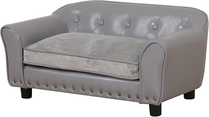 Dog Couch,Puppy Bed,Cat Sofa,Cat Couch,Pet Sofa,Dog Chair,Small Pet Bed,with Copper Nail and Wooden Frame, Leather Fabric and Cushion,for Small Animals Using (Grey)