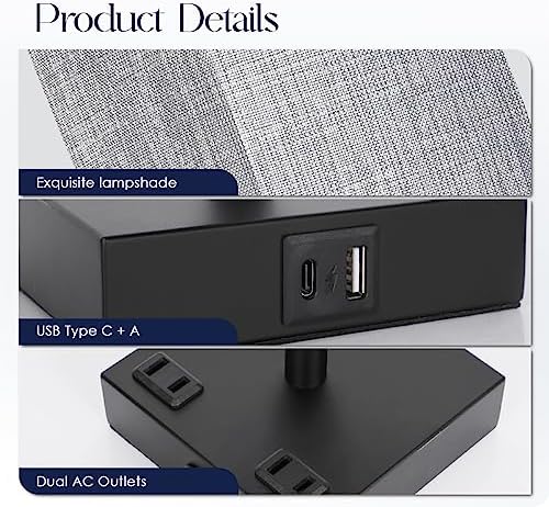 Bedside Table Lamps Set of 2 - Touch Nightstand Lamp for Bedroom with USB C+A Charging Ports & AC Outlets, 3-Way Dimmable Desk Lamp Grey Fabric Shade for Bedroom Living Room, Office(Bulb Included)