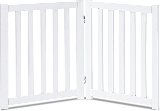 LZRS 2-Panel Wooden Free Standing Foldable Dog Gate Indoor – Solid Hardwood 24" High, Step-Over Safety Pet Gate for Doorways, Stairs & Small Spaces - Indoor Use, White