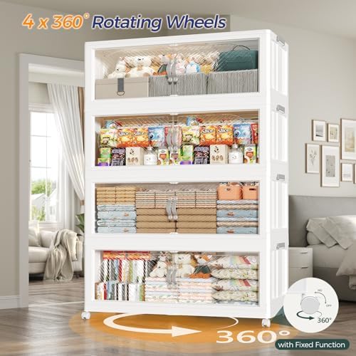 200Gal/800QT 5-Tiers Extra Large Stackable Storage Bins with Lid, Collapsible Cabinet Closet Organizer Plastic Container Box with Wheels Doors Drawers for Living Room Kitchen Office, White