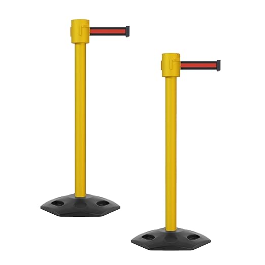 Montour Line MSR760 Set of 2 Retractable Belt Barrier Stanchion, Rubber Base, Yellow Post (35 ft Black with Horizontal Red Stripe Belt)