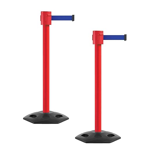 Montour Line MSR760 Set of 2 Retractable Belt Barrier Stanchion, Rubber Base, Red Post (35 ft Dark Blue Belt)