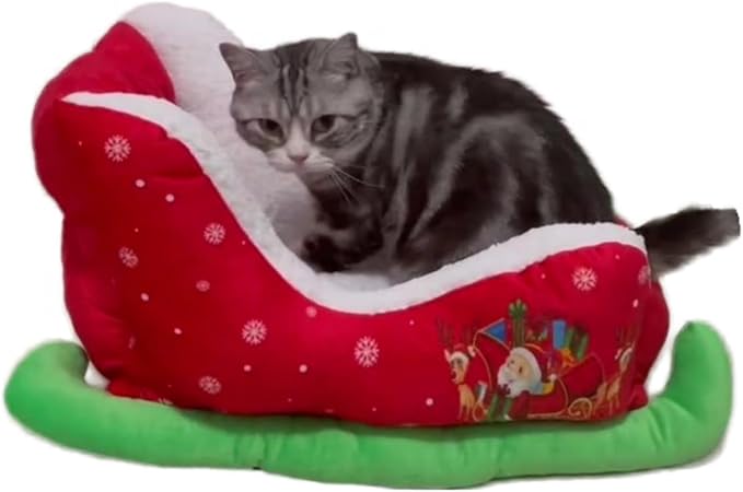 Christmas Sleigh Dog Bed, Red Cat Pet Bed, Washable and Highly Durable Indoor/Outdoor, Holiday Themed (A)