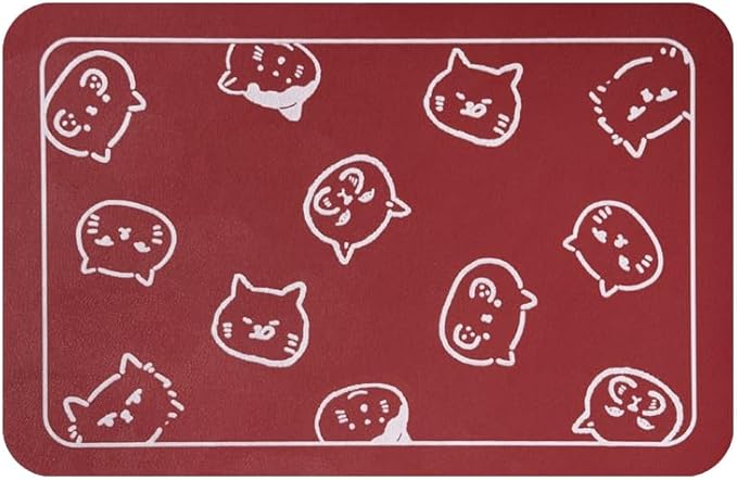 YCT Cat Food Mat, Cat Mat for Food and Water, Pet Feeding Mat, Non-Slip Super Absorbent, with Multiple cat Heads Logo, 24 x 16.9 inches, Red