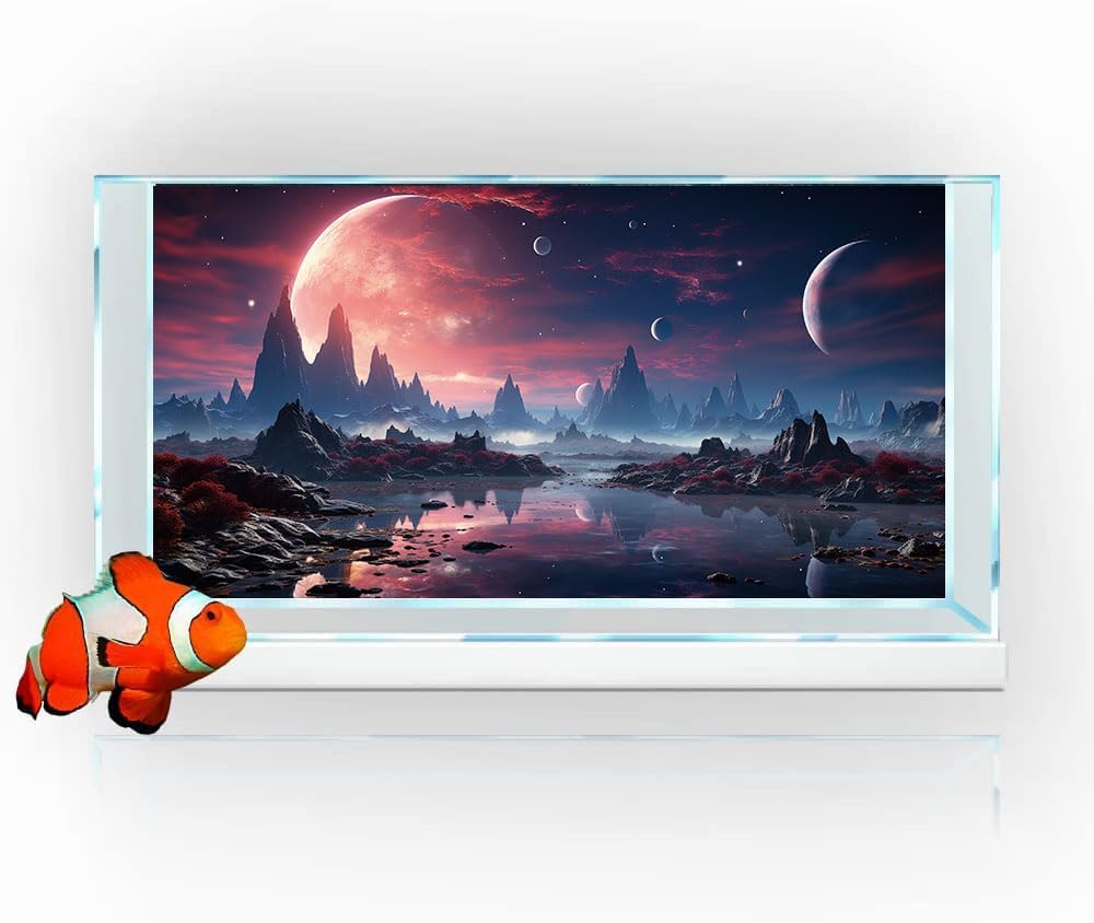 72X24IN Cosmic Spaceterrarium Background, Cool Parallel Space Themed Aquarium Reptile Habitat Background, Red Moon Aquarium Background with 10EVA Double-Sided Tape