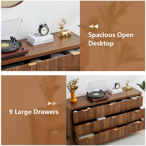 Mid Century Modern Dresser TV Stand, 9 Drawer Dresser for Bedroom Wood, Farmhouse Boho Storage Cabinet Side Table with Solid Natural Wood Legs, Long Wooden Nightstand for Closet (Walnut)
