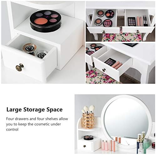 CHARMAID Vanity Set with 4 Storage Shelves and 4 Drawers, Makeup Table with 360° Pivoted Round Mirror and Makeup Organizers, Dressing Table with Mirror and Cushioned Stool for Women Girls (White)