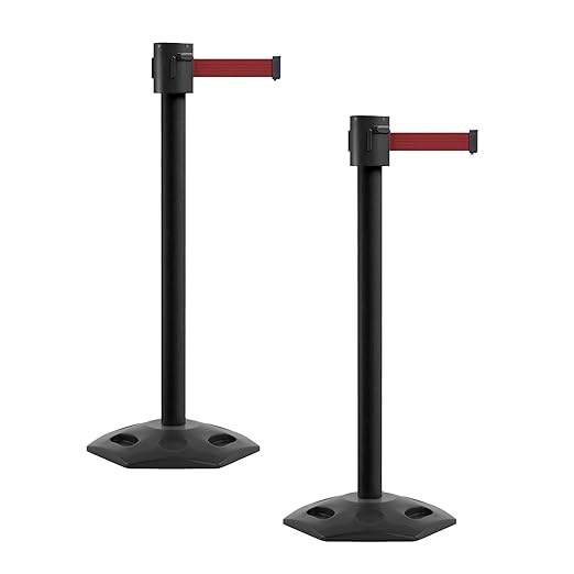 Montour Line MSR760 Set of 2 Retractable Belt Barrier Stanchion, Rubber Base, Black Powder Coated Post (35 ft Maroon Belt)