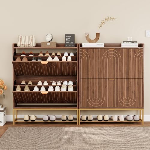 LEVNARY Narrow Shoe Storage Cabinet with 2 Flip Drawers, Wooden Freestanding Hidden Shoes Rack Organizer for Entryway, Mid-Century Modern Shoe Cabinet with Carving Lines for Hallway Foyer (1, Walnut)