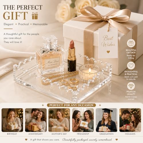 Acrylic Tray, Clear Vanity Jewelry Perfume Organizer with Scalloped Edge