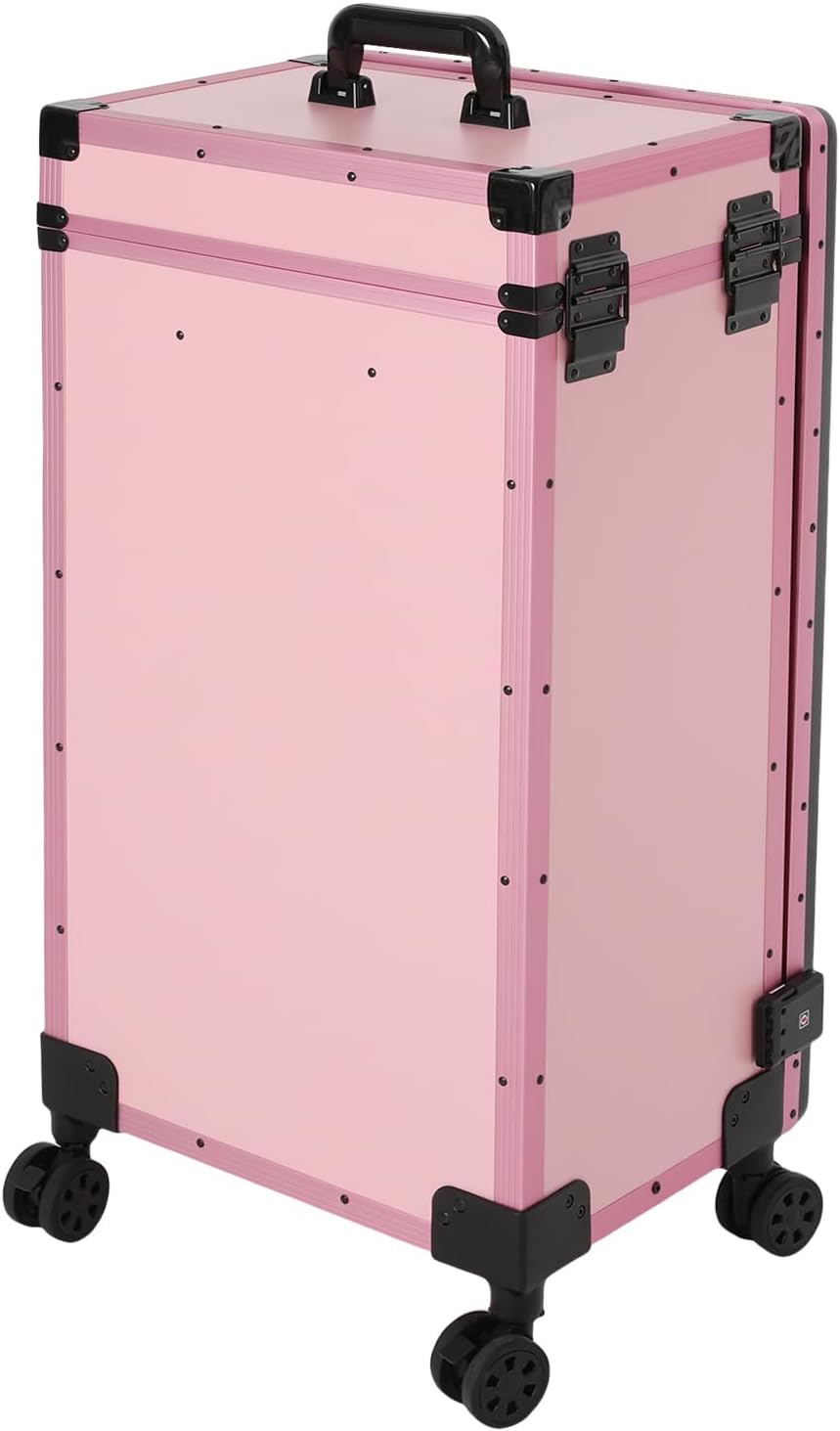 Professional Rolling Makeup Case, Foldable Nail Tables, Portable Manicure Table with 3 Drawers & LED Mirror, Trolley Storage Organizer, Pink Lockable Nail Table, Artist Travel Organizer