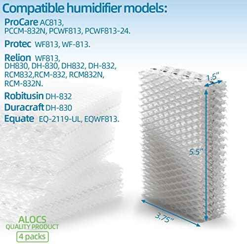 Alocs WF813 Humidifier Filter Replacement for Relion - RCM832 RCM-832N Procare PCWF813 Protec WF813 Equate EQ-2119-UL EQWF813 Cool Mist Humidifiers Wick Filters (Pack of 4)