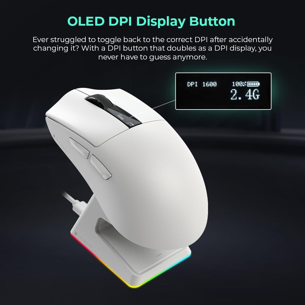 TECWARE EX1 Lightweight Gaming Mouse | 26K DPI Wireless Mouse with OLED Display | 59g Ultra-Light Design | RGB Charging Dock | Tri-Mode Connectivity 2.4GHz/Bluetooth/Wired with Grip Tape | White