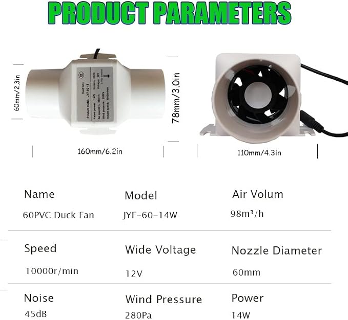 14W 2.3Inches Duct Inline Fan 60mm Mini Intake Fume Extractor Low Noise 57CFM