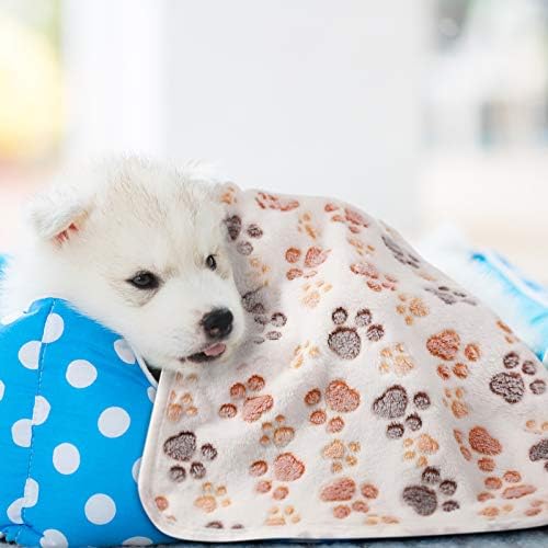 Tatuo 4 Pcs Dog Blanket for Pet Cat Blankets Indoor Puppy Teething Stuff Toys Paw Print Fleece Soft Blanket Sleep Mat for Guinea Pig Cage(White, Coffee, Pink, Purple,Medium(30 x 20.5 Inch),Square)