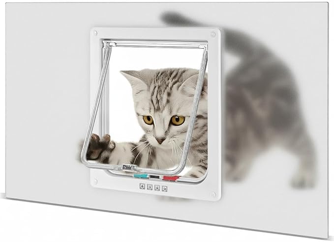 Cat Door for Window, 4 Locking Modes for Safety Cat Window Door, Fits 14"-28" Width Window, Durable Weatherproof design Cat Door, Magnetic Closure, Wider View, Pet Door With Safe & Comfortable for Cat