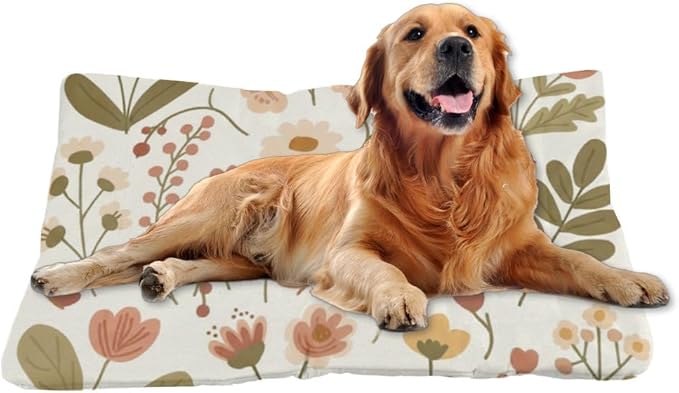Cream Rustic Botanical Print Art Doggie Beds Dog Cage Mats for Crates Crate Pad Dog Beds for Crates Washable Non-Slip Crate Bedding Bed Cushion Mat and Furniture Indoor Outdoor 36X24 Inch