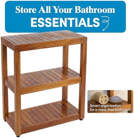 AquaTeak 12" Original Sula Rectangle Teak Bathroom Stand - Shower Stand with 3 Tier Shelf - Durable Water Resistant Shower Organizer - Space-Saving Storage Shelves with Anti-Slip Feet
