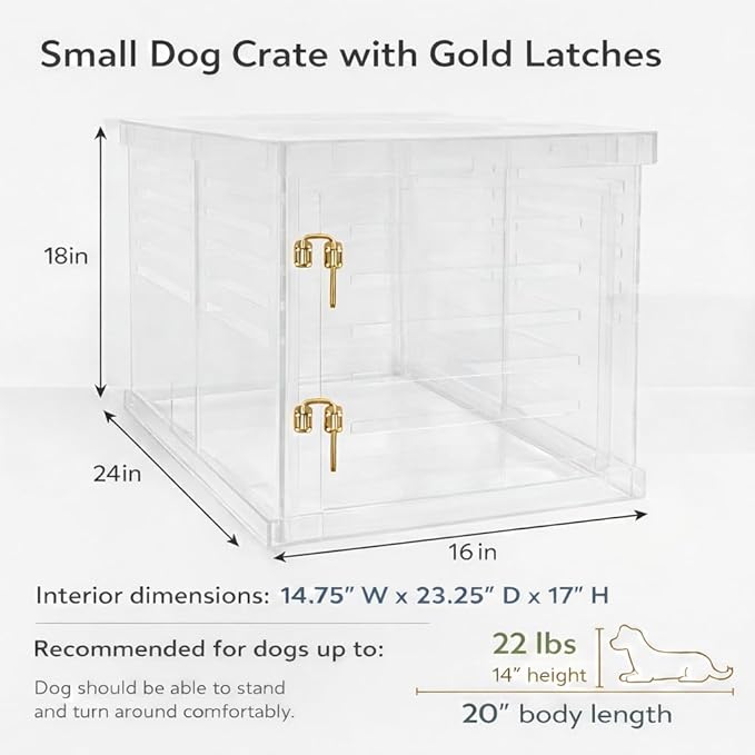 Clear Acrylic Small Dog Crate Furniture with Blush Cushion for Small Dogs up to 22 lbs, 3 in 1 Pet Crate and Gate, Modern Furniture Style Indoor Kennel, Dual Gold Latch, 16 x 24 x 18 in