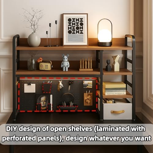 Desktop Bookshelf, pegboard Storage and Organization Rack, Dorm Desk Shelf, Desk Hutch, Desktop Storage for Office, Study, Student Display Rack,Desktop Shelves (Black+Walnut 45.3" Lx9.9 Wx37 H)