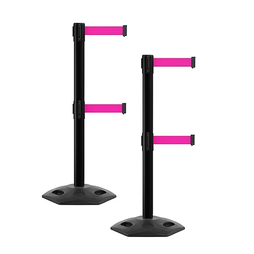 CCW Series WBB-200D - Set of 2 Retractable Dual Belt Barrier Stanchion, Heavy Duty Rubber Base, Black Post (11 Foot Belt, Fluorescent Pink Belt)