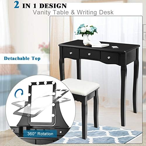 DORTALA Vanity Table Set w/Lighted Mirror, Morden Vanity Dressing Table w/ 10 Dimmable Light Bulbs & 5 Drawer, 2 Dividers Removable Organizer, Bedroom Makeup Table Set w/Cushioned Stool, Black