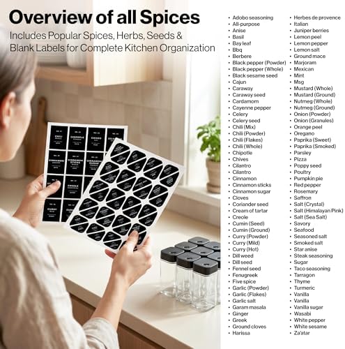 Glass Square Spice Jars with Label, Seasoning Set, 36x Black Sprinkle Lids